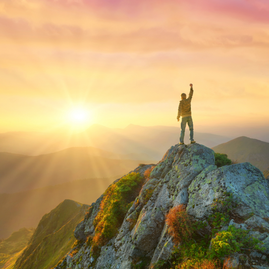 Person standing triumphantly on top of a bare rocky mountaintop with fist raised facing the rising or setting Sun