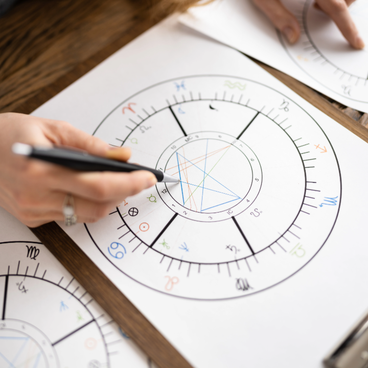 Person drawing on an astrological chart with a pen