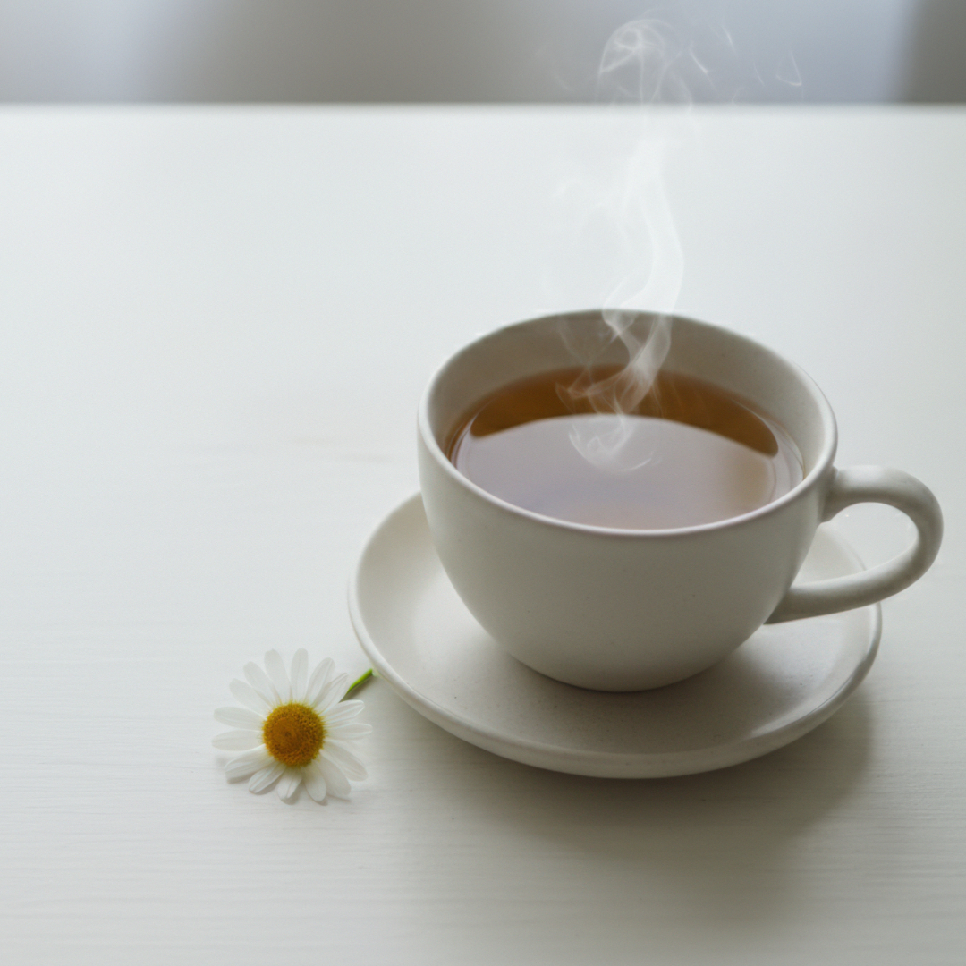 A cup of tea and a flower are placed on a white table, evoking a calm and inviting setting.
